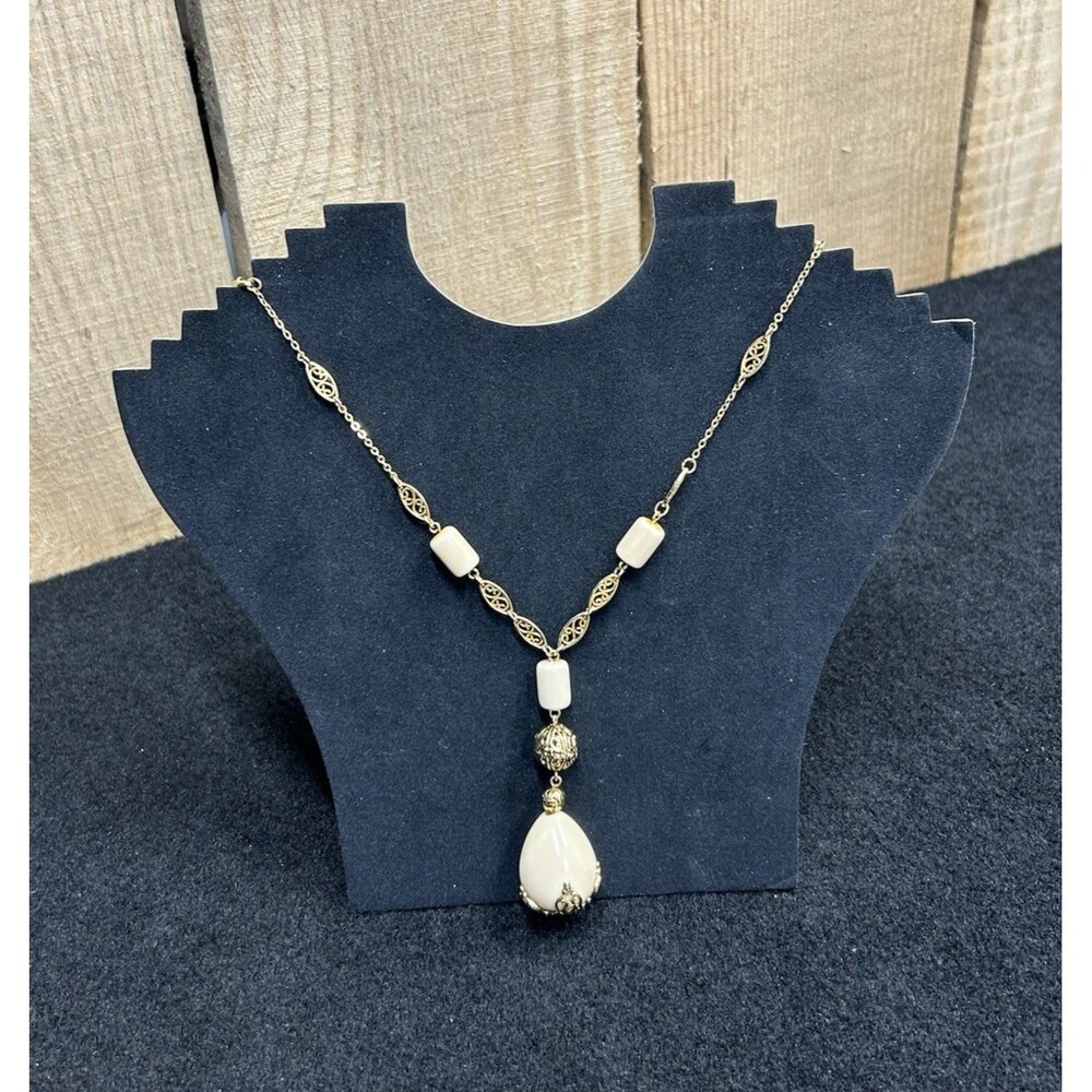 Vintage Avon Gold Tone Filigree Faux Ivory Drop Pendant 31" Necklace J18
